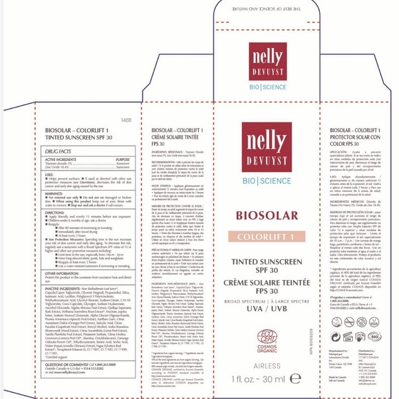 Nelly De Vuyst ColorLift 1 BIOSOLAR Tinted Sunscreen SPF 30 1 fl oz / 30 ml New - Picture 2 of 2